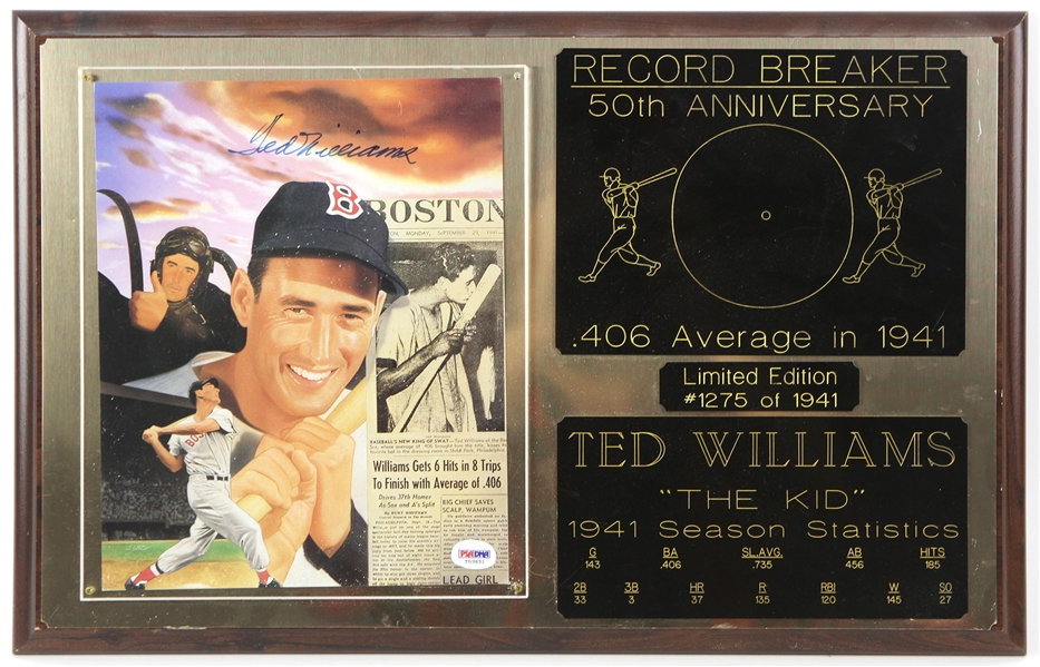 1991 Ted Williams Boston Red Sox 13" x 20" Record Breaker Display w/ Signed Photo (PSA/DNA)