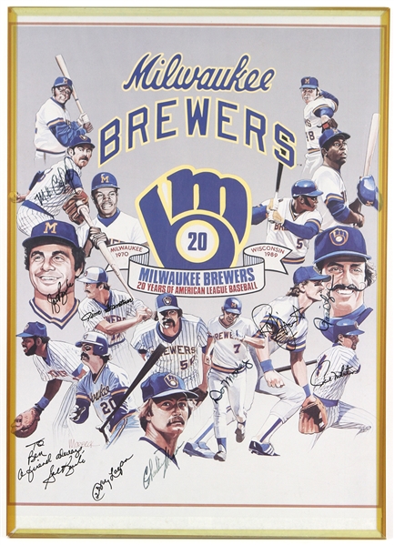 1989 Milwaukee Brewers Multi Signed 20" x 28" Framed "20 Years of American League Baseball" Poster w/ 10 Signatures Including Robin Yount, Paul Molitor, Rollie Fingers & More (MEARS LOA)