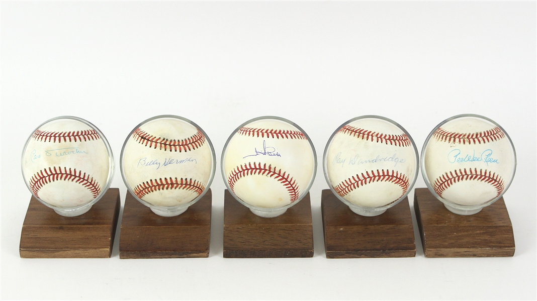 1987-94 Leo Durocher Pee Wee Reese Ray Dandridge Billy Herman Jim Abbott Signed Baseball Collection - Lot of 5 (MEARS LOA)