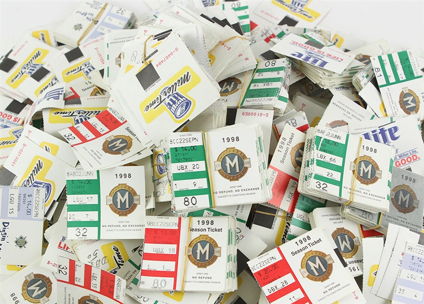 1998 Milwaukee Brewers Inaugural National League Season Team Collected Ticket Stubs - Lot of Thousands (19 Pounds of Stubs)