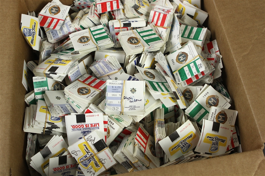 1998 Milwaukee Brewers Inaugural National League Season Team Collected Ticket Stubs - Lot of Thousands (36 Pounds of Stubs)