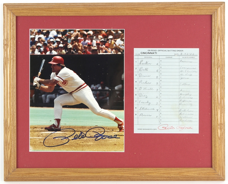 1987 Pete Rose Cincinnati Reds 14" x 18" Framed Display w/ Signed Photo & Lineup Card (JSA)