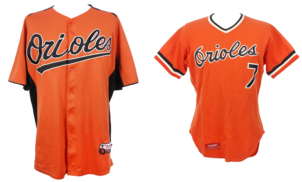 1980s-2010s Baltimore Orioles Jerseys - Lot of 2 w/ 1980s Rawlings Salesman Sample & 2010s Spring Training (MEARS LOA)