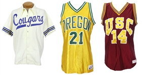1979-90 Game Worn College Basketball Apparel Collection - Lot of 3 w/ Greg Kite BYU Warmup, Kyle Kazan USC Jersey & Keith Reynolds Oregon Jersey (MEARS LOA)