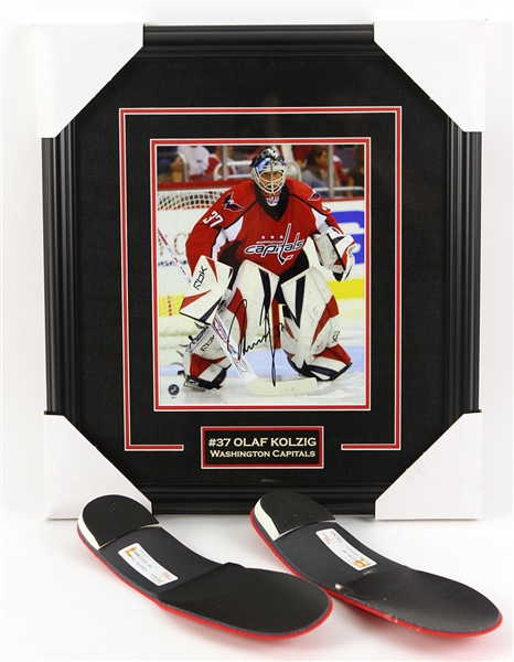 2000s Olaf Kolzig Signed 16" x 18" Framed Photo & Jay Bouwmeester Custom Skate Inserts - Lot of 2 (MEARS LOA/JSA)