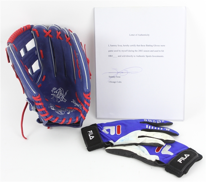 2002 Sammy Sosa Chicago Cubs Signed HR #490 Batting Gloves w/ Rawlings Fielders Mitt (MEARS LOA/JSA/Sosa LOA) 