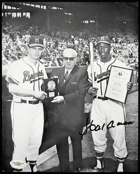 1959 (modern print) Eddie Mathews Hank Aaron Milwaukee Braves Signed 8x10 B&W Photo (JSA)