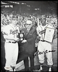 1959 (modern print) Eddie Mathews Hank Aaron Milwaukee Braves Signed 8x10 B&W Photo (JSA)