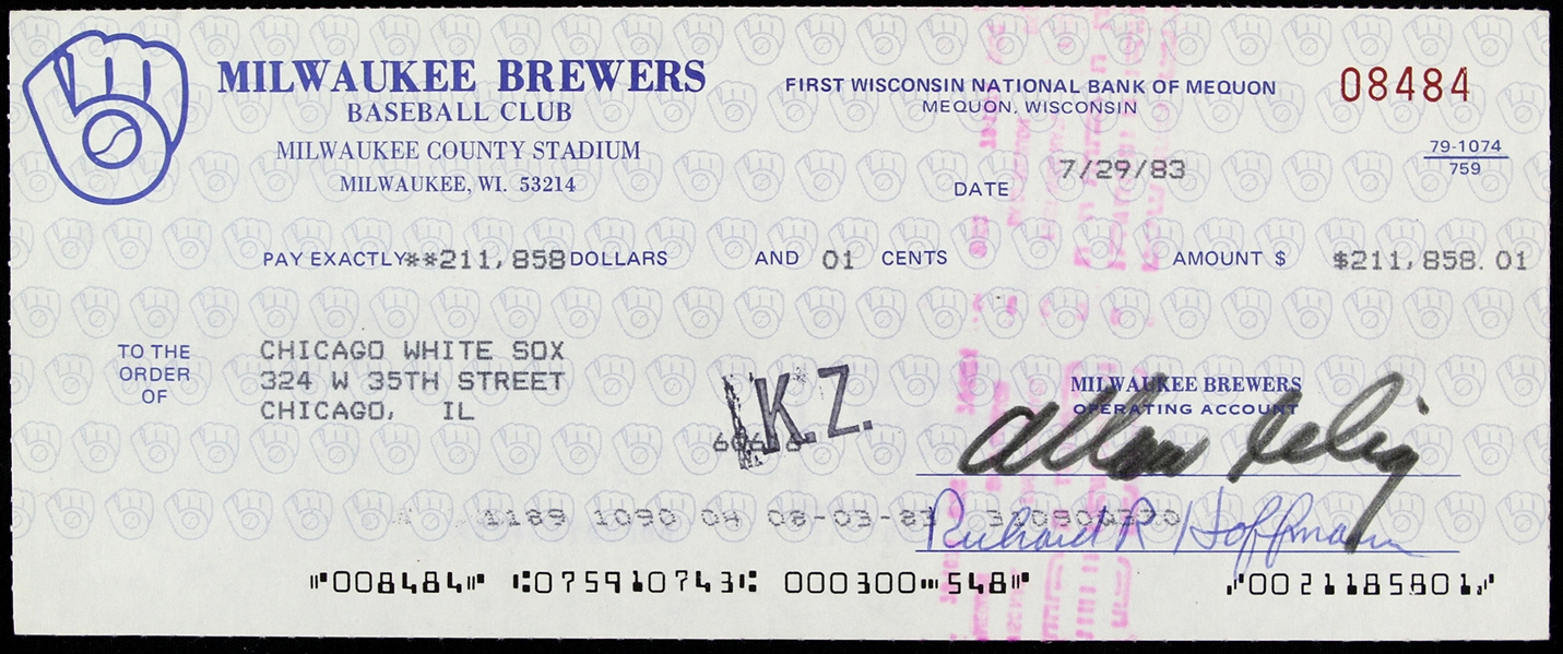 1983 Allen H Selig Milwaukee Brewers Signed Check (JSA)