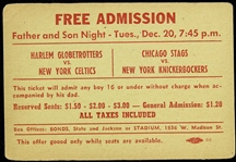 1949 (December 20th) Harlem Globetrotters vs. Boston Celtics & Chicago Stags vs. New York Knickerbockers Free Admission 3”x4” pass