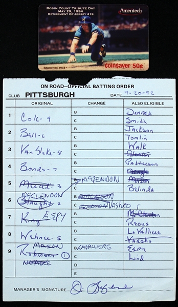 1992 (July 20th) Pittsburgh Pirates Barry Bonds HR Line Up Card from Milwaukee County Stadium