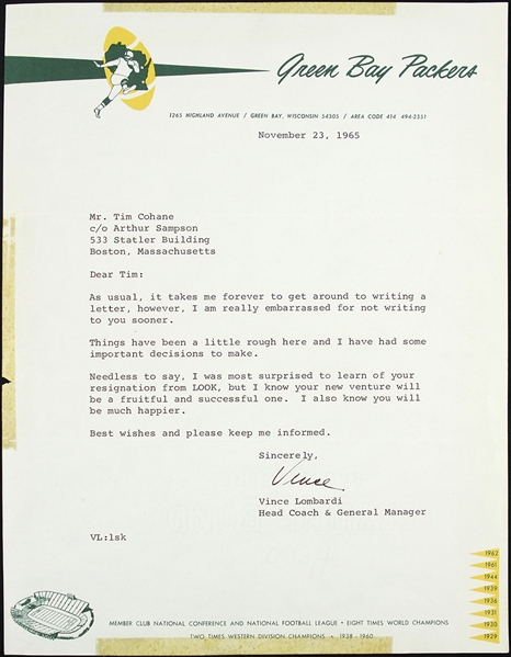 1965 (November 23rd) Vince Lombardi Green Bay Packers Typed Signed Letter (JSA) “Signed During the First of the Packers World Championship Three Peat” 