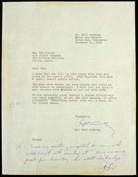1965 (November 11th) Paul Hornung Green Bay Packers Typed Letter Signed (JSA) 
