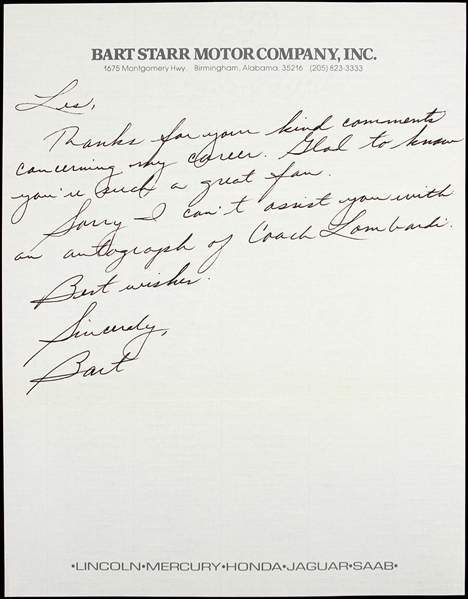 1970s Bart Starr Green Bay Packers Autographed Note Signed 8x10 Letter (JSA) “Sorry I can’t assist you with an autograph of Coach Lombardi”