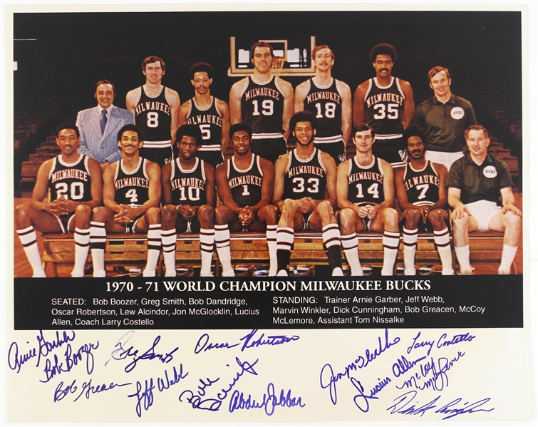 1970-71 Milwaukee Bucks World Champions Multi Signed 16" x 20" Photo w/ 13 Signatures Including Kareem Adbul Jabbar, Oscar Robertson, Jon McGlocklin & More (JSA)
