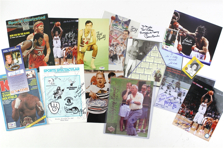 1980s-2000s Multi Sport Signed Photo & More Collection - Lot of 18 w/ Carmen Basilio, Bill Bradley, Roberto Duran, Evander Holyfield, Bobby Hull, Arnold Palmer, John Wooden & More (JSA)