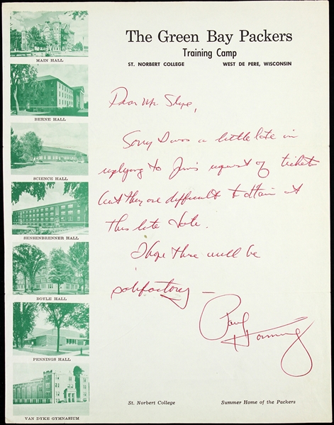 1960s Paul Hornung Green Bay Packers Hand Written Training Camp Letter (JSA)