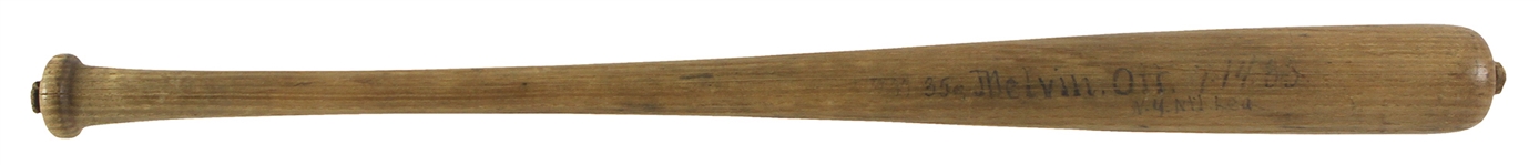 1933 Mel Ott New York Giants H&B Louisville Slugger Lathe Pattern Bat (MEARS LOA) Sidewritten Melvin Ott 7/14/33 Ny Ntl Lea
