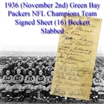1936 (November 2nd) Green Bay Packers NFL Champions Team Signed Sheet (16) Beckett Slabbed