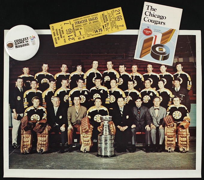 1970s-90s Hockey Memorabilia Collection - Lot of 4 w/ Ticket, Photo, Pinback & Schedule 