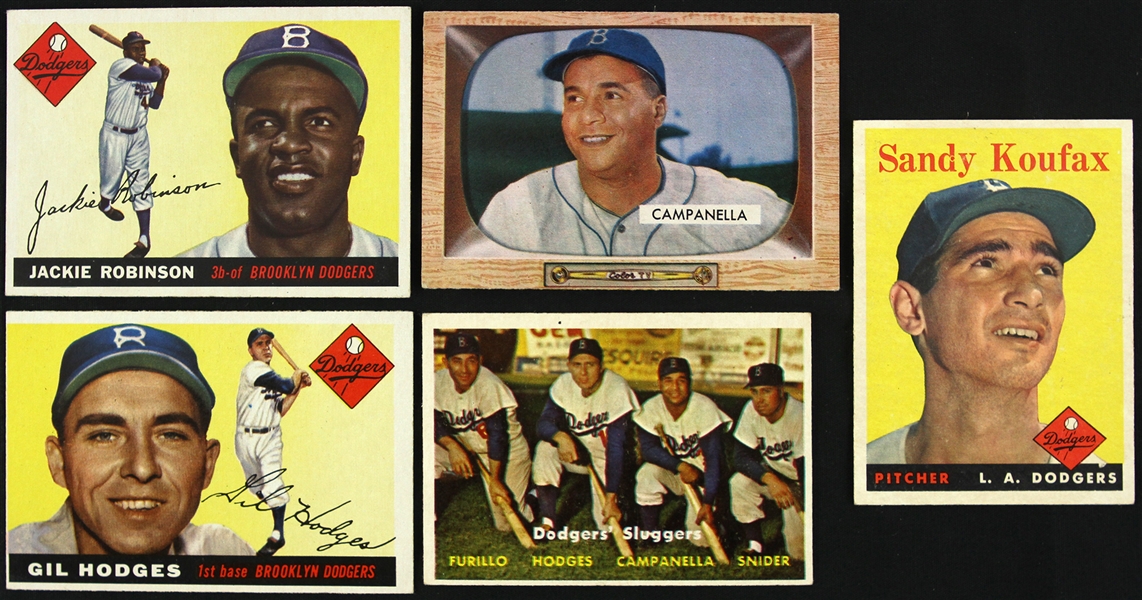 1955-58 Brooklyn/Los Angeles Dodgers Trading Cards - Lot of 5 w/ Roy Campanella, Jackie Robinson, Sandy Koufax & More