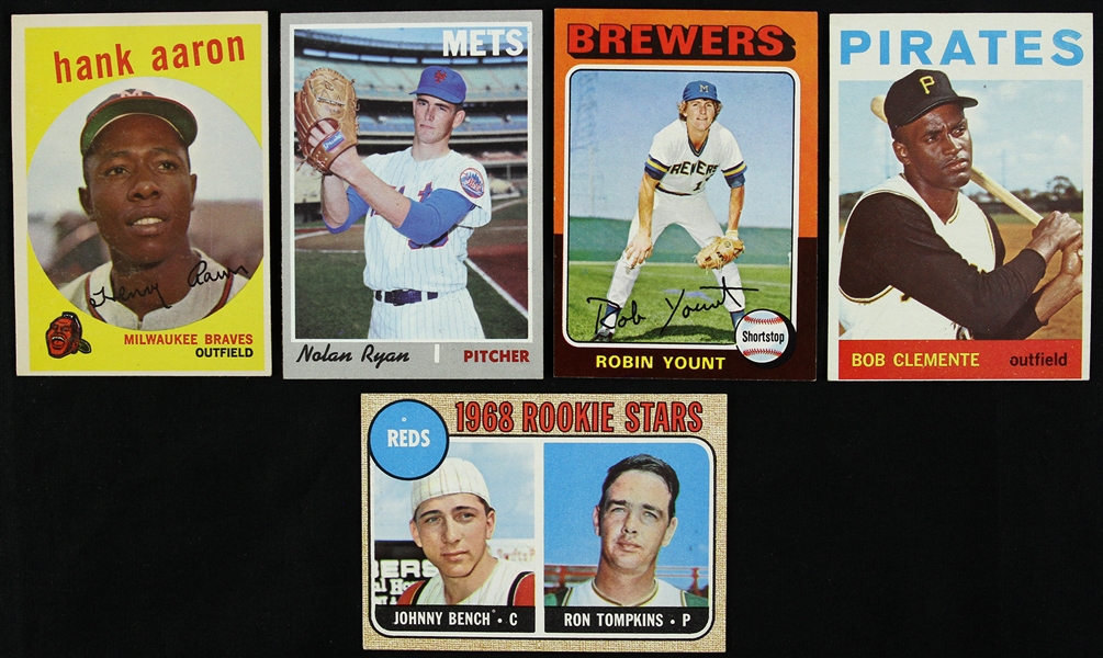 1959-75 Baseball Trading Card Collection - Lot of 5 w/ Hank Aaron, Roberto Clemente, Nolan Ryan, Johnny Bench & Robin Yount Rookies 