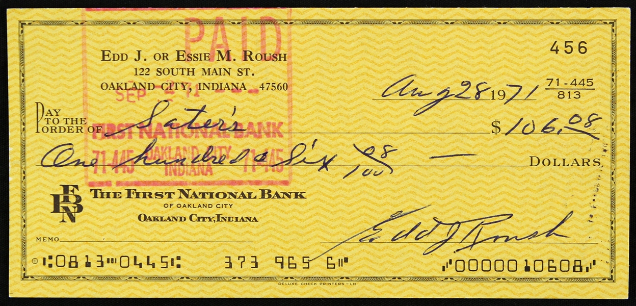 1971 Edd Roush Cincinnati Reds Signed Personal Check (JSA)