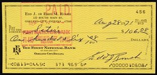 1971 Edd Roush Cincinnati Reds Signed Personal Check (JSA)