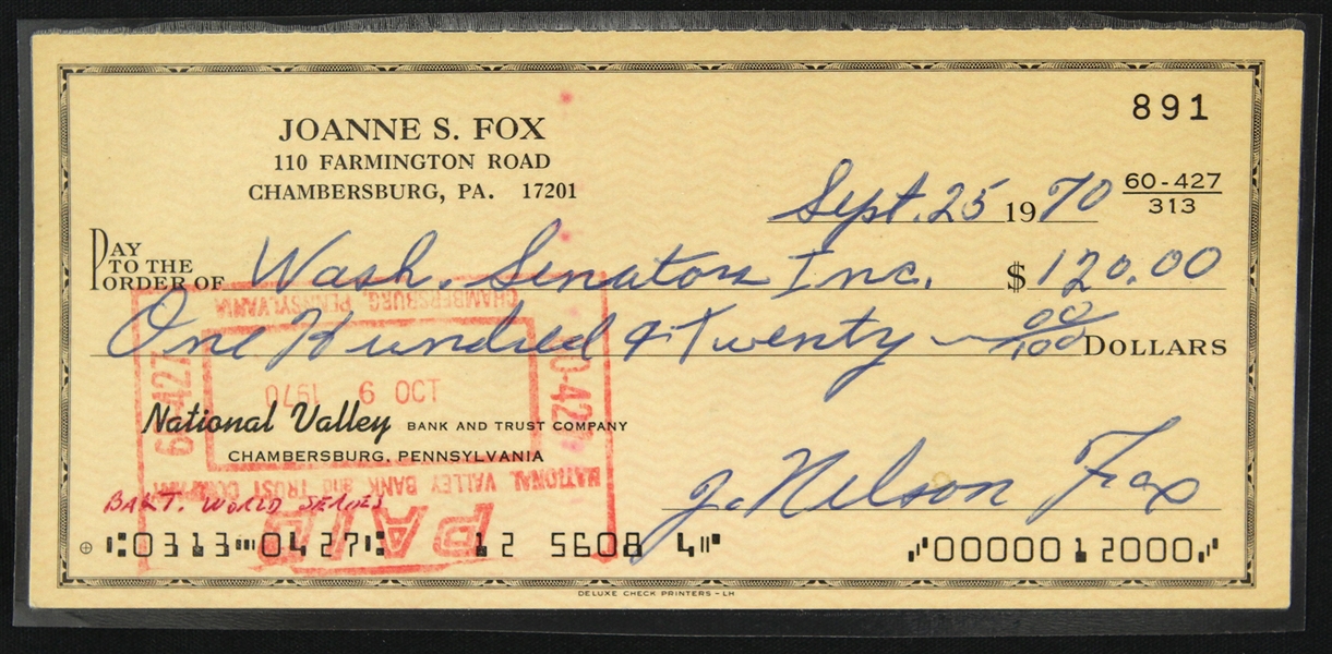 1970 Nellie Fox Washington Senators "J. Nelson Fox" Signed Check (JSA)