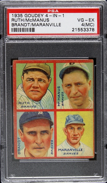 1935 Babe Ruth Marty McManus Ed Brandt Rabbit Maranville Boston Braves Goudey 4-in-1 Trading Card (PSA VG-EX 4 MC)