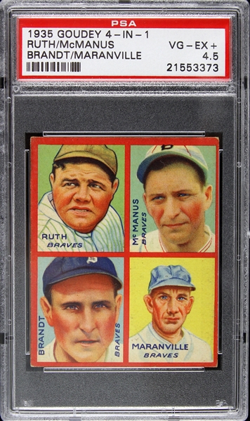 1935 Babe Ruth Marty McManus Ed Brandt Rabbit Maranville Boston Braves Goudey 4-in-1 Trading Card (PSA VG-EX+ 4.5)