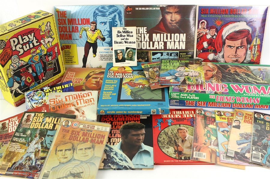 1970s-80s Six Million Dollar Man Memorabilia Collection - Lot of 25 w/ Board Games, Comic Books, Publications, Records & More