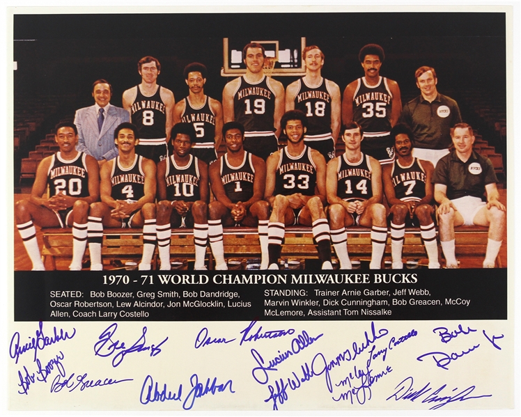 1970-71 Milwaukee Bucks World Champions Multi Signed 16" x 20" Photo w/ 13 Signatures Including Kareem Adbul Jabbar, Oscar Robertson, Jon McGlocklin & More (JSA)