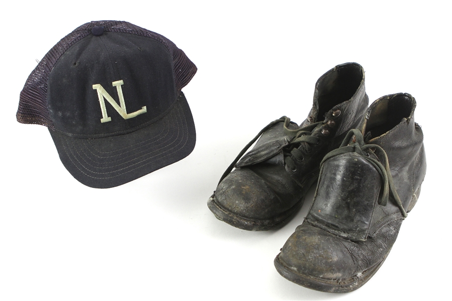 1950s-80s Mesh NL Umpire Cap & Black Leather Steel Toed Boots - Lot of 3 (MEARS LOA)