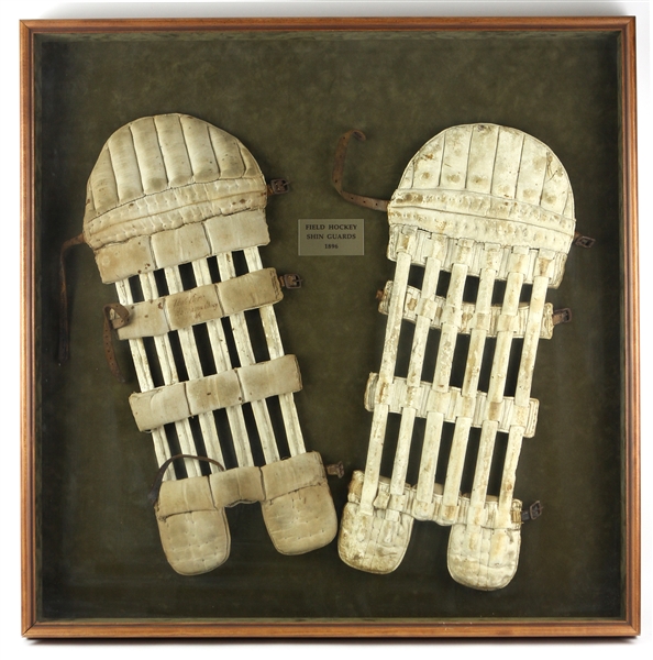 1896 Field Hockey Game Worn Shin Guards 33" x 33" Framed (MEARS LOA)