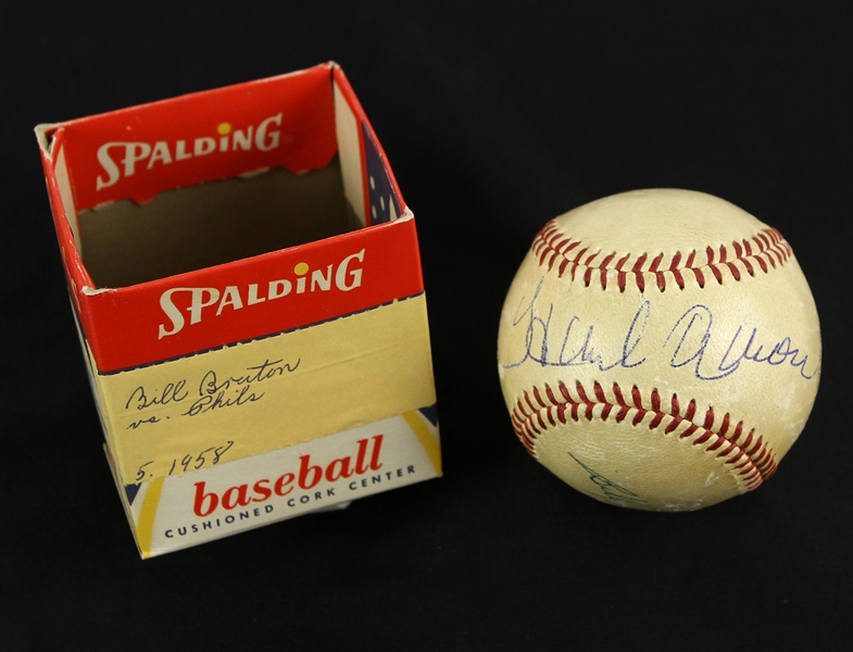 1958 Hank Aaron Bill Bruton Milwaukee Braves Signed ONL Giles County Stadium Game Used Baseball (MEARS LOA/JSA)