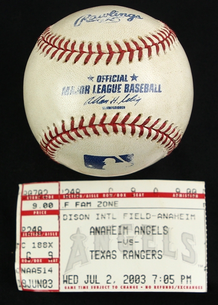 2003 (July 2) Anaheim Angels Texas Rangers OML Selig Edison Field Game Used Baseball w/ Ticket Stub (MEARS LOA)