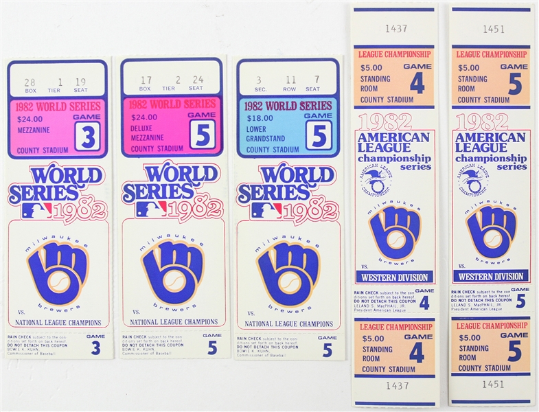 1982 Milwaukee Brewers World Series & ALCS Full Ticket & Stub Collection - Lot of 5 