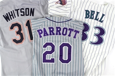 1991-99 Major/Minor League Game Worn Jersey Collection - Lot of 3 w/ Ed Whitson Padres, Jay Bell Diamondbacks & Mike Parrot Charlotte Knights (MEARS LOA)