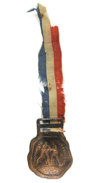 1910 Jack Johnson Jim Jeffries World Heavyweight Title Bout Watch Fob w/ Ribbon