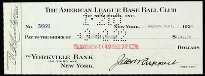 1922 Frank "Home Run" Baker Jacob Ruppert New York Yankees Dual Signed Payroll Check (JSA)