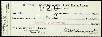 1925 Earle Combs Jacob Ruppert Ed Barrow New York Yankees Signed Payroll Check (JSA)