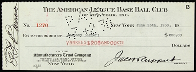 1930 Tony Lazzeri Jacob Ruppert Ed Barrow New York Yankees Signed Check (JSA)