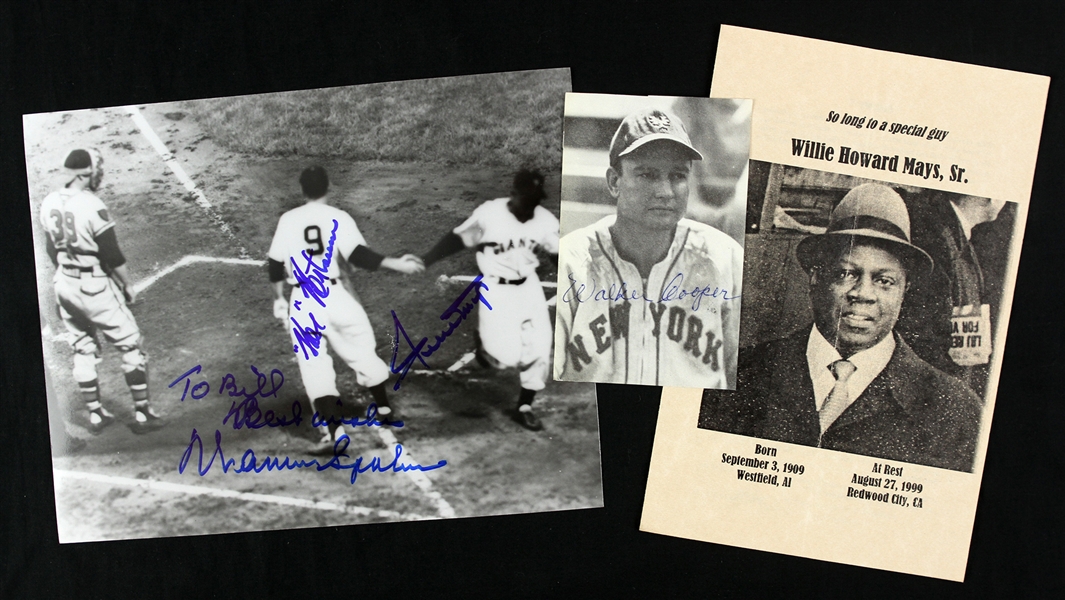 1980s-90s Baseball Memorabilia Collection - Lot of 3 w/ Willie Mays & Warren Spahn Signed Photo, Willie Mays Sr. Funeral Program & Walker Cooper Signed Photo (JSA)