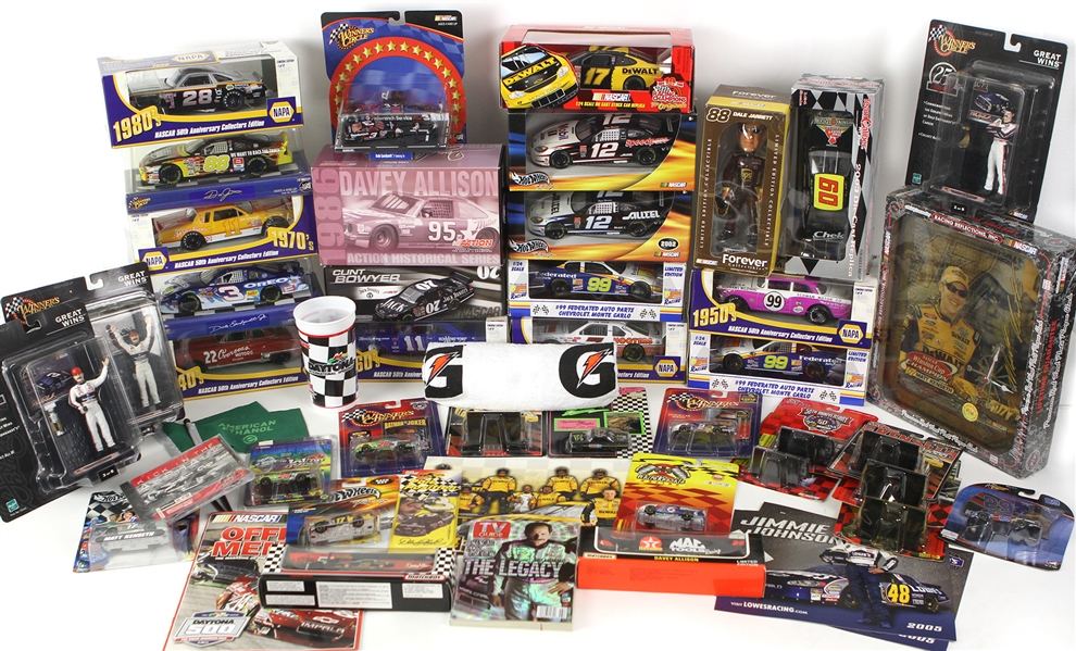 1980s-2000s Massive NASCAR Auto Racing Collection - Lot of 98 w/ MIB Model Cars & Race Figures, Sponsor Flats, Publications, Kenseth, Gordon, Earnhardt & More