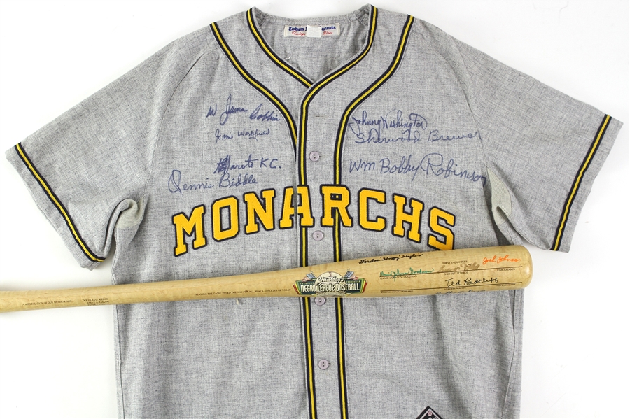 1997 Negro League Multi Signed Ebbets Filed Flannels KC Monarchs Jersey & Commemorative Bat (JSA)