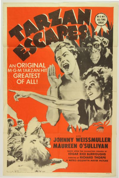 1954 Re-Release Tarzan Escapes Johnny Weissmuller 27”x41”One Sheet Movie Poster