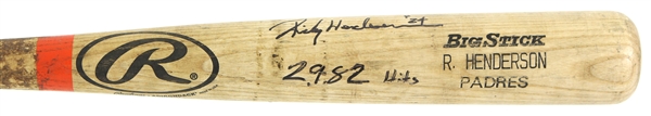 2001 Rickey Henderson San Diego Padres Signed Rawlings Adirondack Professional Model Game Used Bat (MEARS A9/JSA) "Hit #2,982"