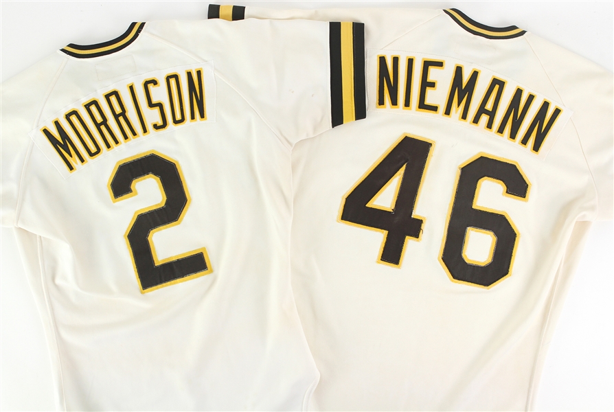 1983-84 Pittsburgh Pirates Game Worn Home Jerseys - Lot of 2 w/ Jim Morrison & Randy Niemann (MEARS LOA)