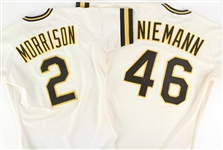 1983-84 Pittsburgh Pirates Game Worn Home Jerseys - Lot of 2 w/ Jim Morrison & Randy Niemann (MEARS LOA)